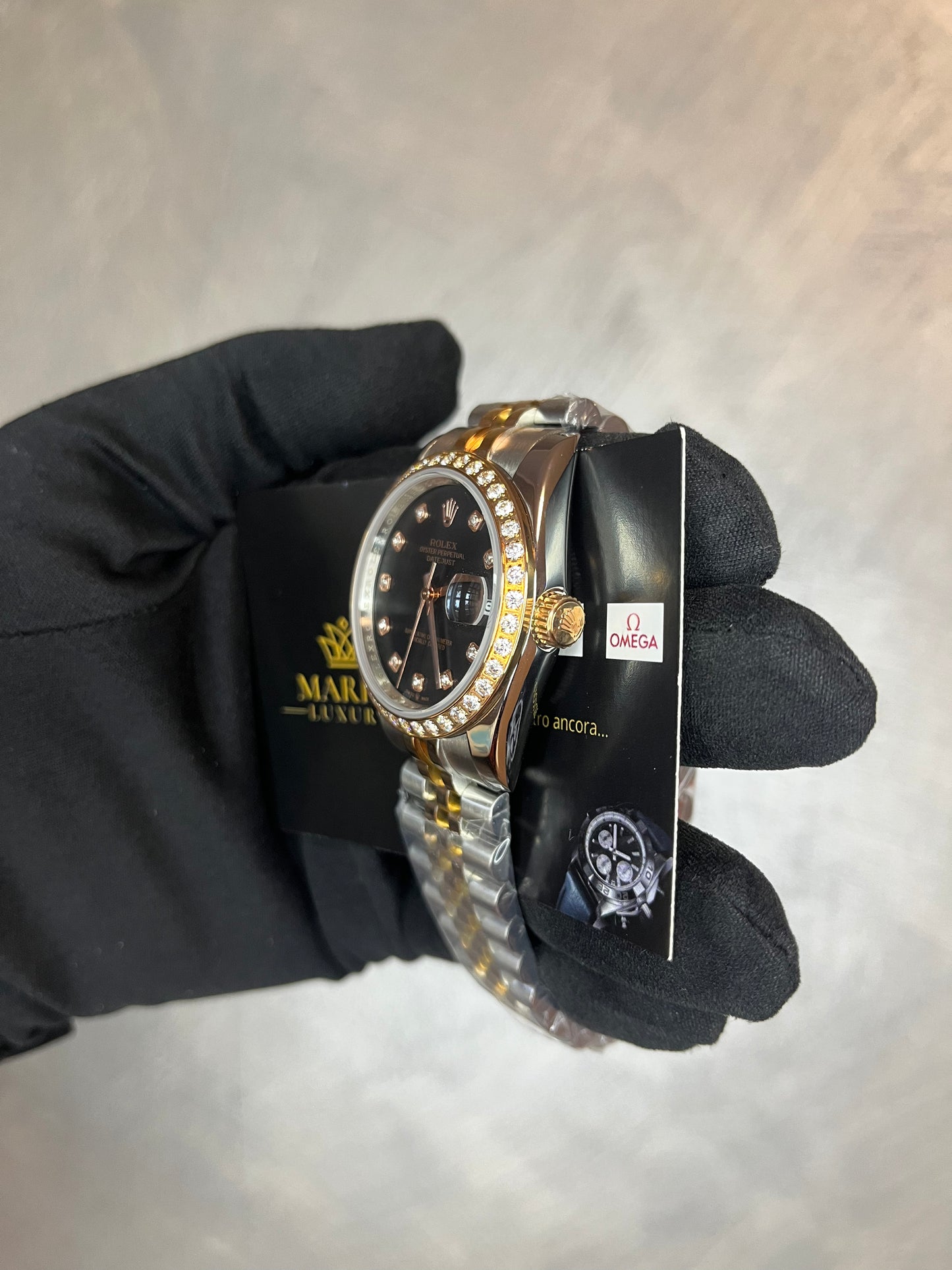 ROLEX DATE JUST NERO JUBILEE ORO E ACCIAIO GHIERA E INDICI CON BRILLANTINI