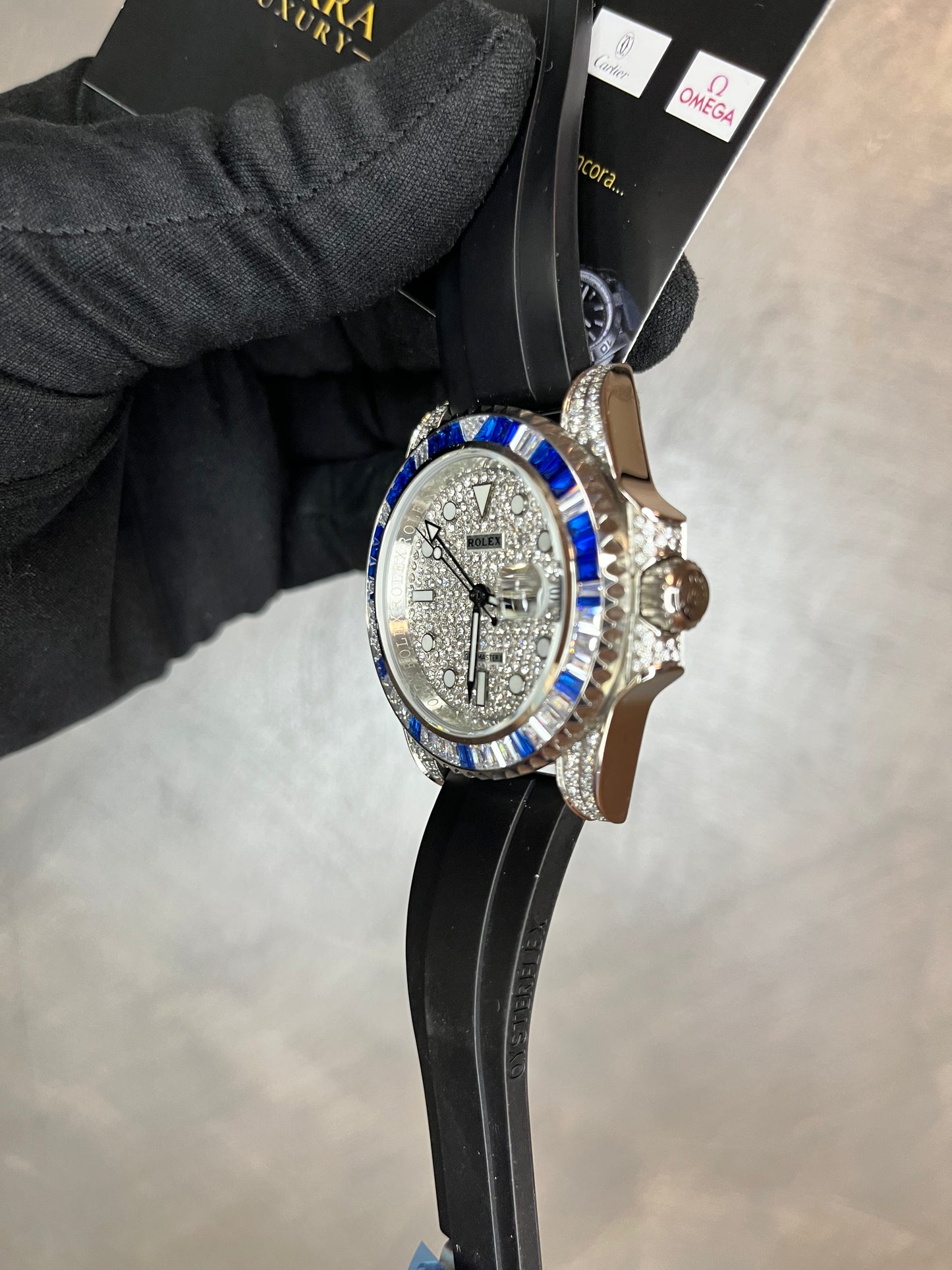 ROLEX GMT MASTER OYSTERFLEX QUADRANTE PAVÉ DI BRILLANTINI GHIERA CON BRILLANTINI BIANCHI E BLU