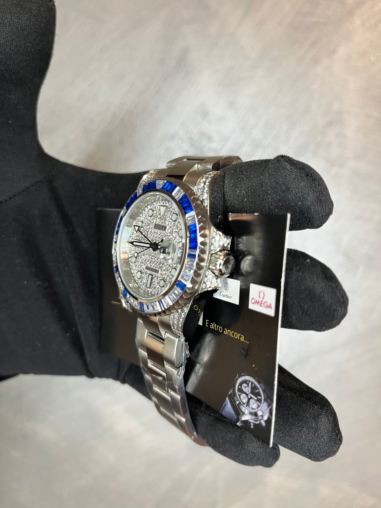 ROLEX GMT MASTER QUADRANTE PAVÉ DI BRILLANTINI GHIERA CON BRILLANTINI BIANCHI E BLU