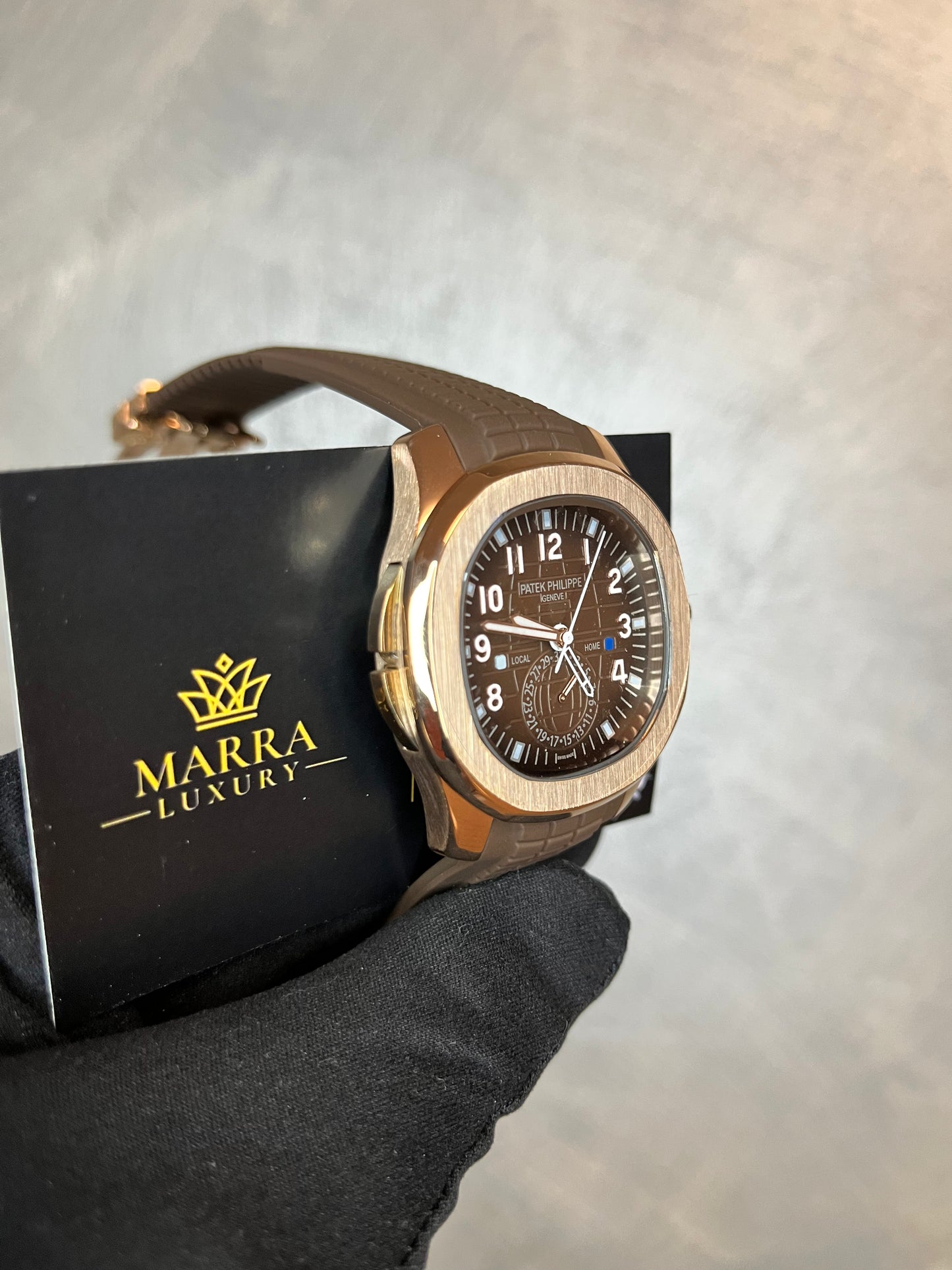PATEK PHILIPPE AQUANAT CHRONO ORO ROSA CINTURINO E QUADRANTE MARRONE