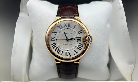 Cartier Ballon Bleu Oro Quadrante Bianco Bracciale Marrone