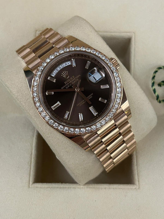 Rolex Daydate 41 President Oro Quadrante Cioccolato Diamanti