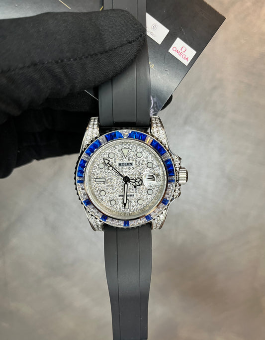 ROLEX GMT MASTER OYSTERFLEX QUADRANTE PAVÉ DI BRILLANTINI GHIERA CON BRILLANTINI BIANCHI E BLU