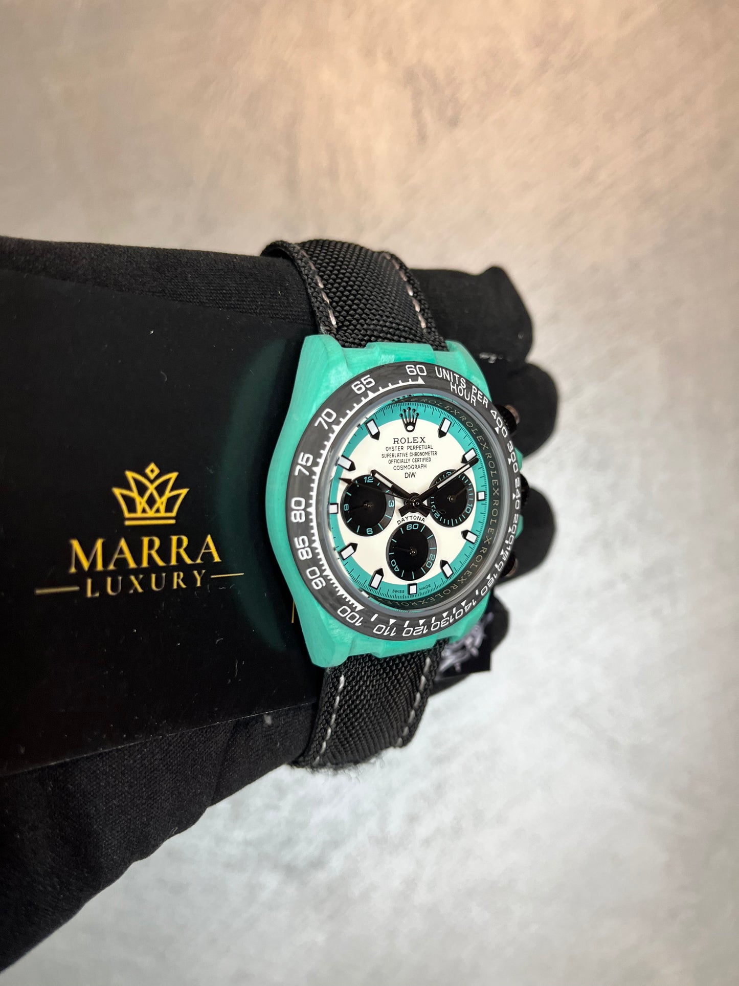 ROLEX DAYTONA CARBONIO DIW QUADRANTE BIANCO CASSA VERDE ACQUA