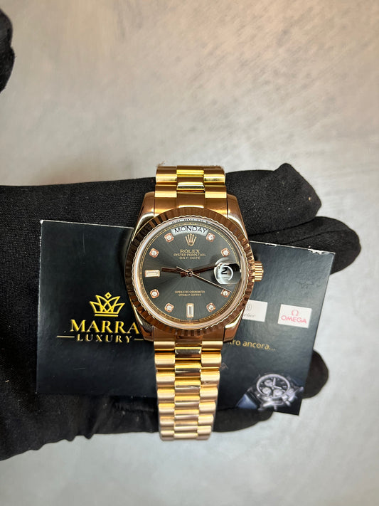 ROLEX DAYDATE PRESIDENT ORO ROSA QUADRANTE NERO CON BRILLANTINI