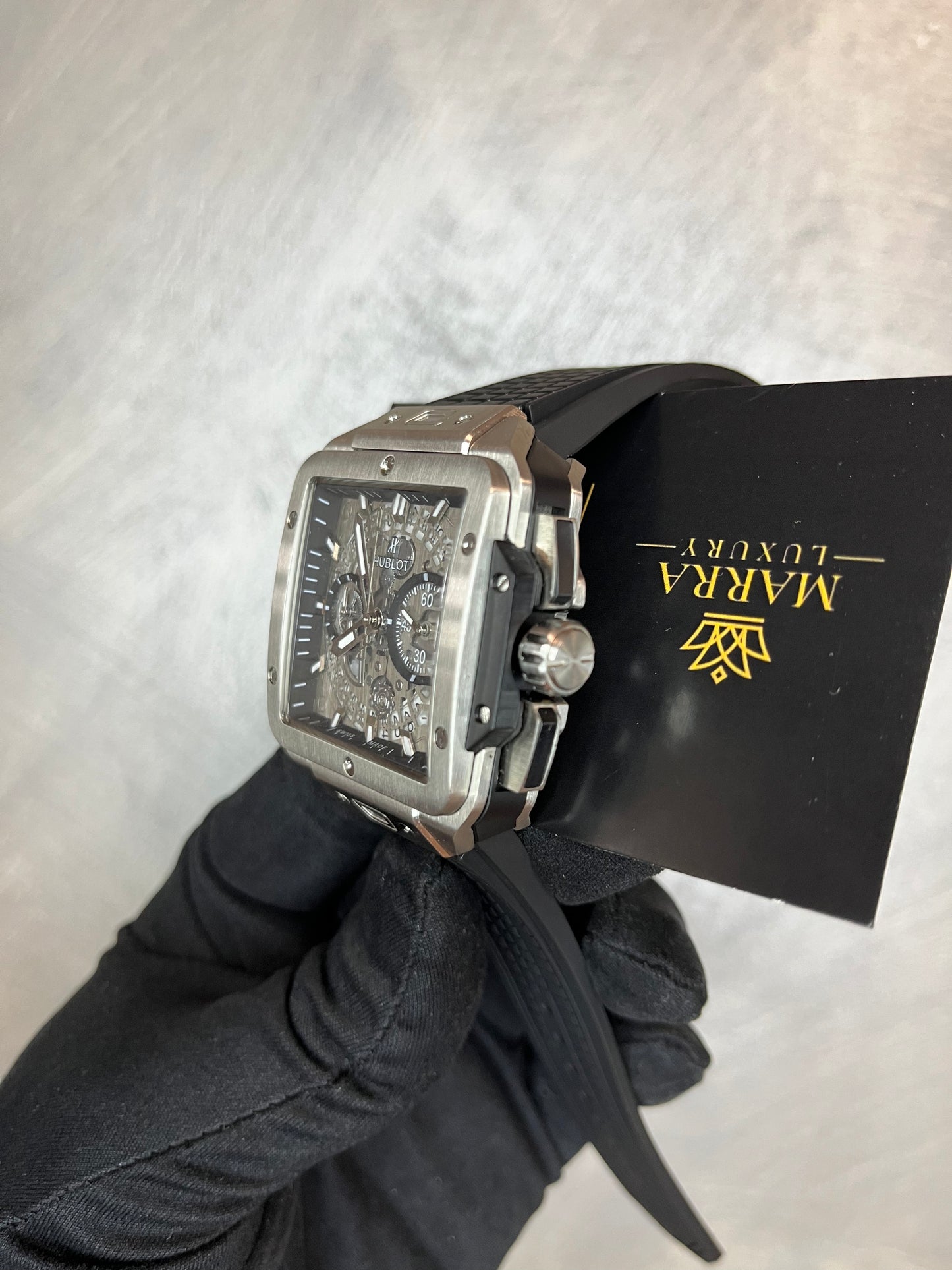 HUBLOT SQUARE BANG KING CASSA ACCIAIO CINTURINO NERO IN CAUCCIÙ