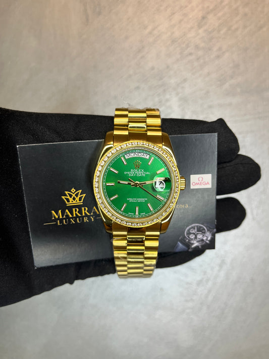 ROLEX DAYDATE PRESIDENT ORO GIALLO GHIERA CIN BRILLANTINI  QUADRANTE VERDE