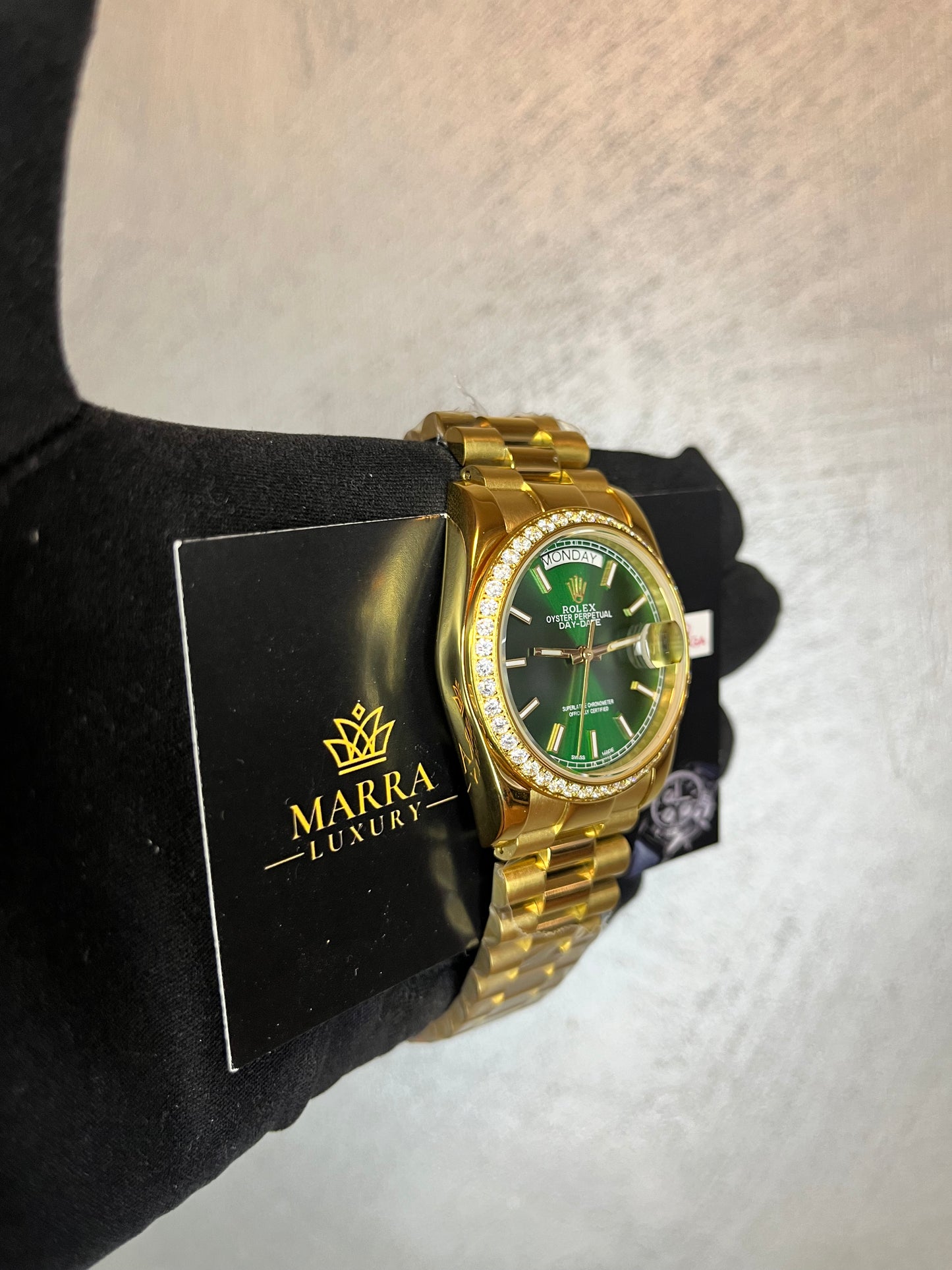 ROLEX DAYDATE PRESIDENT ORO GIALLO GHIERA CIN BRILLANTINI  QUADRANTE VERDE