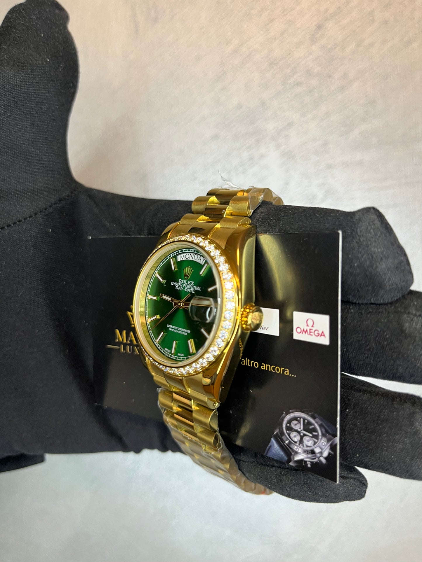 ROLEX DAYDATE PRESIDENT ORO GIALLO GHIERA CIN BRILLANTINI  QUADRANTE VERDE