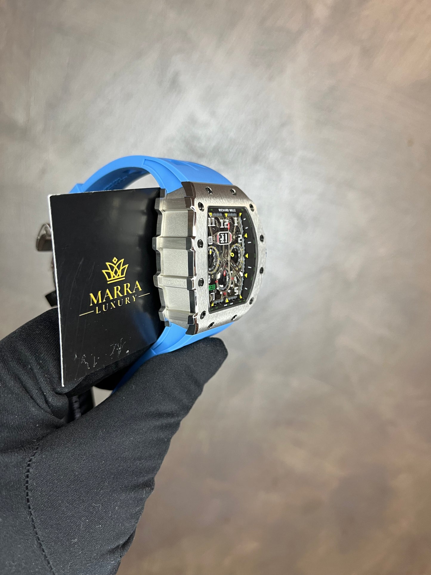 RICHARD MILLE CASSA ACCIAIO CON CINTURINO IN GOMMA AZZURRO
