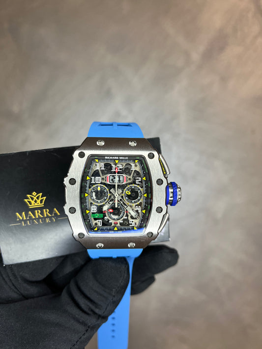 RICHARD MILLE CASSA ACCIAIO CON CINTURINO IN GOMMA AZZURRO