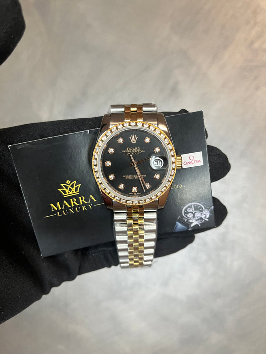 ROLEX DATE JUST NERO JUBILEE ORO  E ACCIAIO GHIERA E INDICI CON BRILLANTINI
