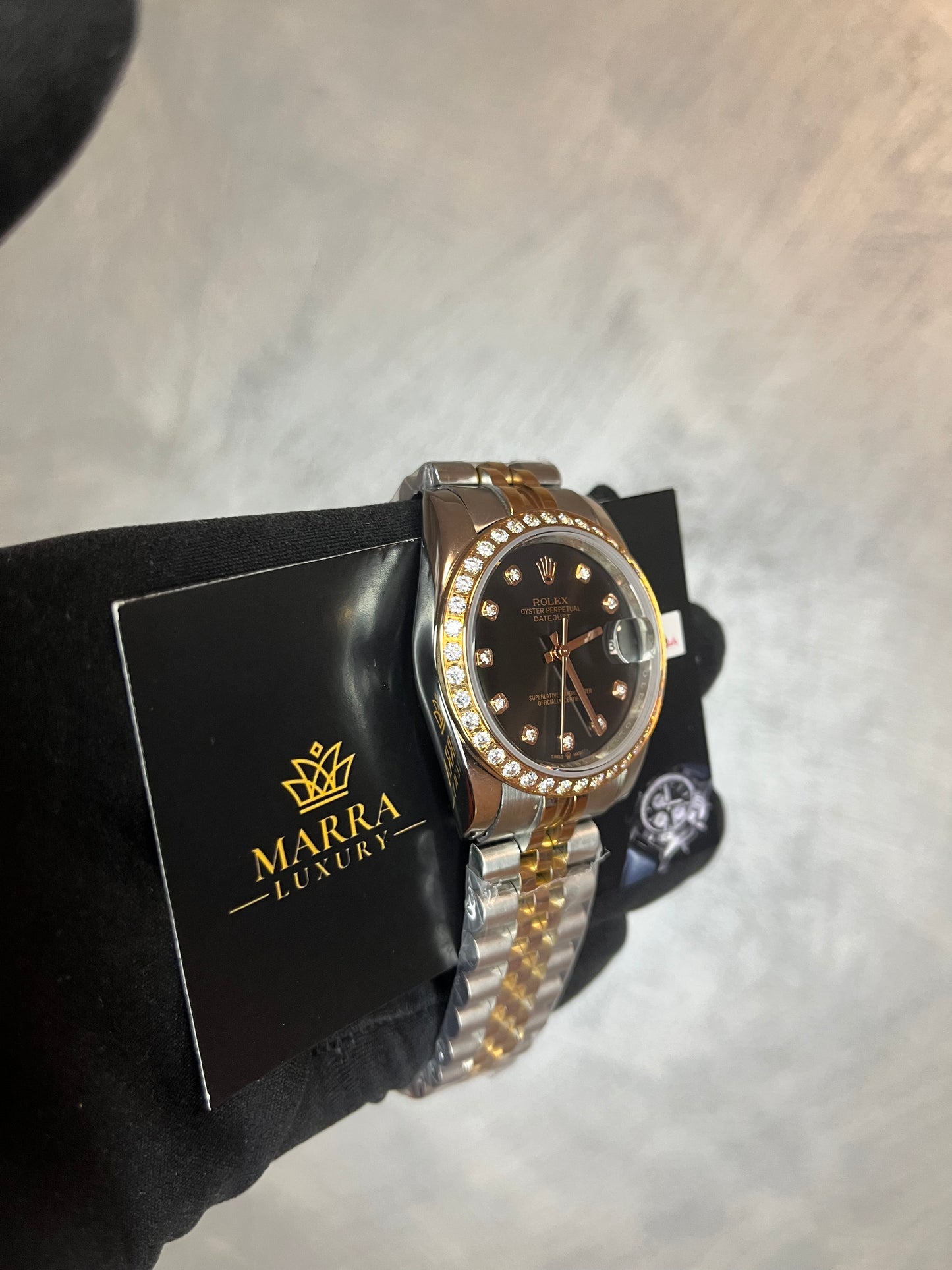 ROLEX DATE JUST NERO JUBILEE ORO  E ACCIAIO GHIERA E INDICI CON BRILLANTINI