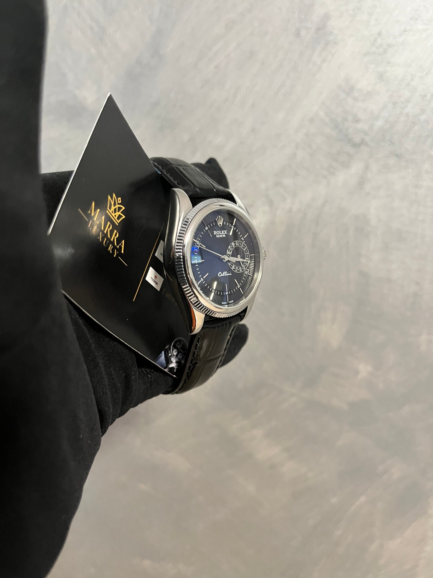 ROLEX CELLINI DATE ACCIAIO QUADRANTE E CINTURINO NERO