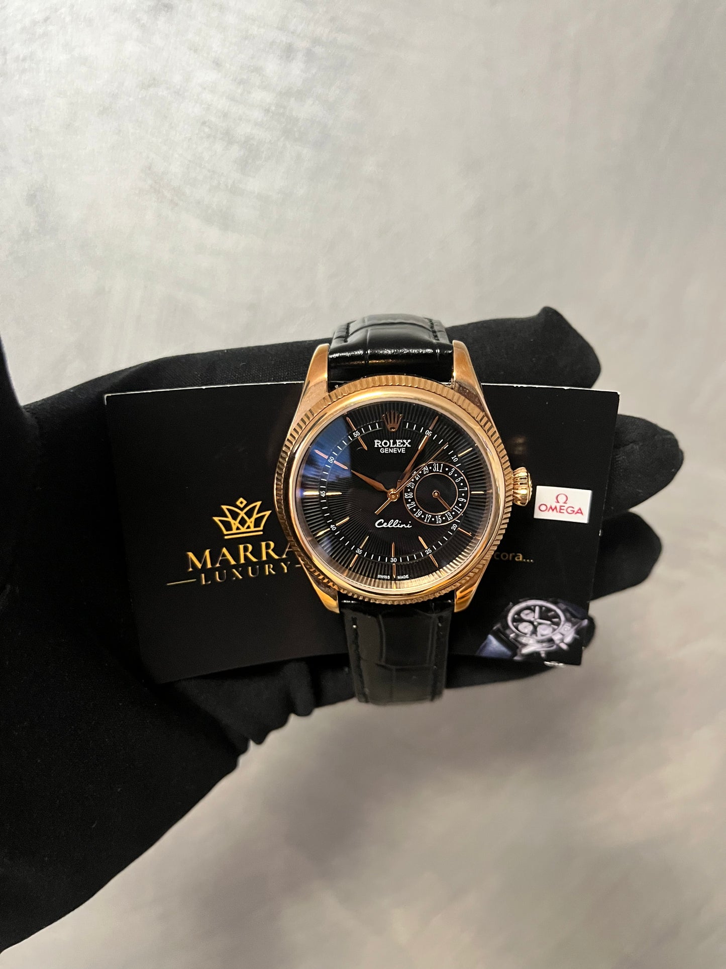 ROLEX CELLINI DATE ORO QUADRANTE E CINTURINO NERO