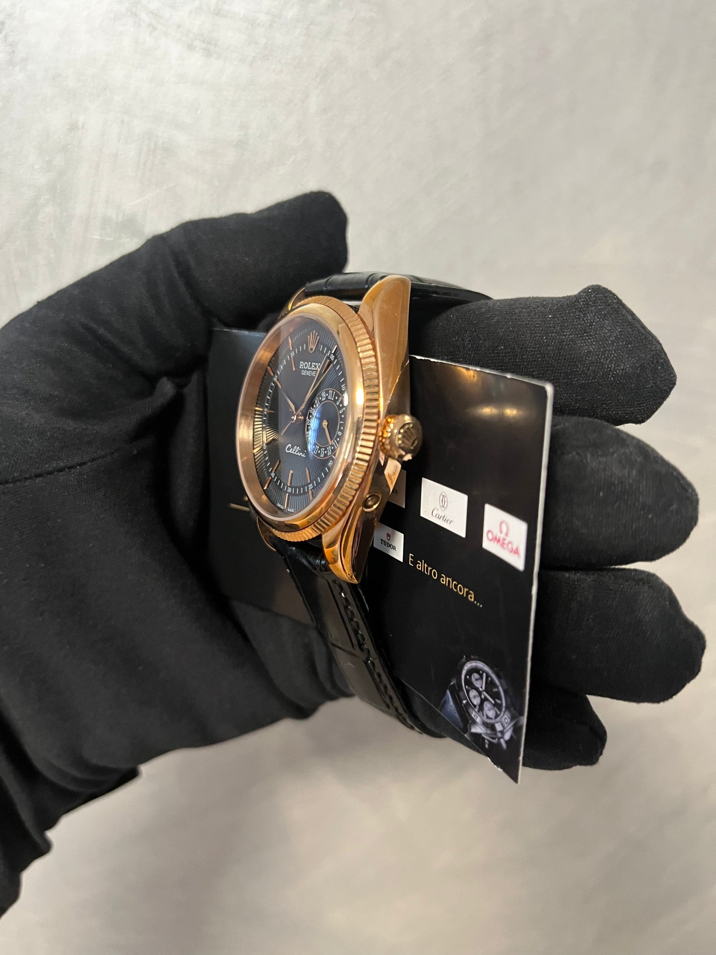 ROLEX CELLINI DATE ORO QUADRANTE E CINTURINO NERO