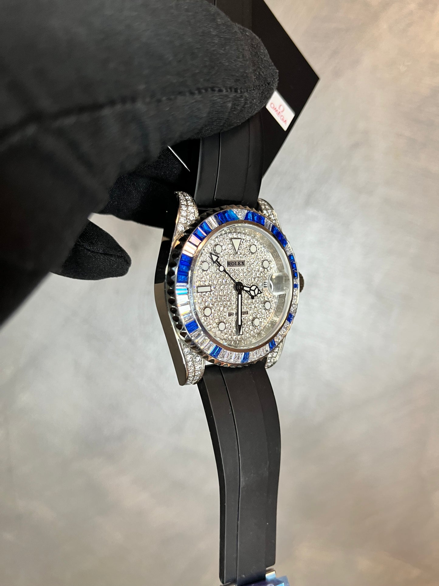 ROLEX GMT MASTER OYSTERFLEX QUADRANTE PAVÉ DI BRILLANTINI GHIERA CON BRILLANTINI BIANCHI E BLU
