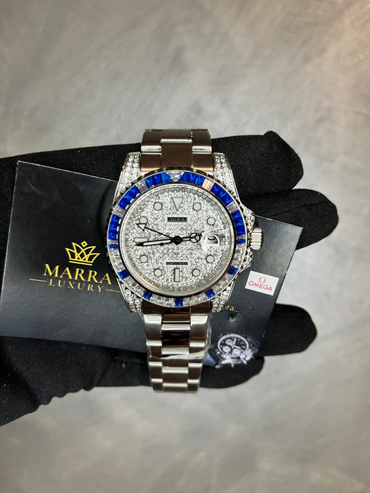 ROLEX GMT MASTER QUADRANTE PAVÉ DI BRILLANTINI GHIERA CON BRILLANTINI BIANCHI E BLU