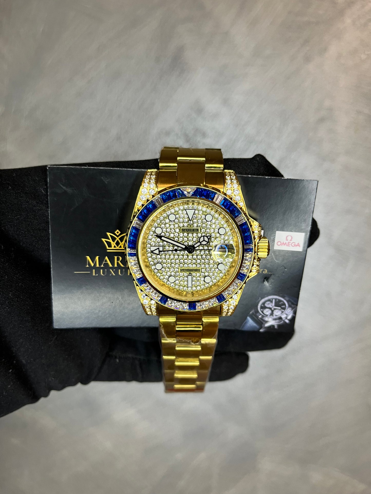 ROLEX GMT MASTER ORO GIALLO QUADRANTE PAVÉ DI BRILLANTINI GHIERA CON BRILLANTINI BIANCHI E BLU