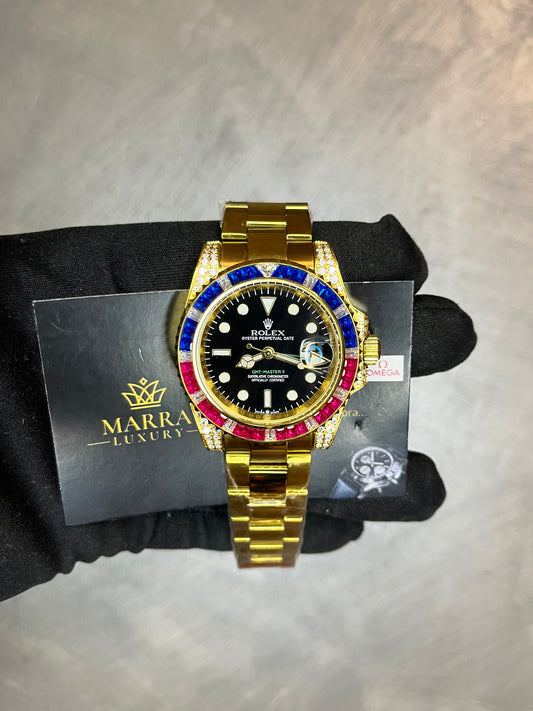 ROLEX GMT MASTER ORO GIALLO GHIERA CON BRILLANTINI BLU E ROSSI