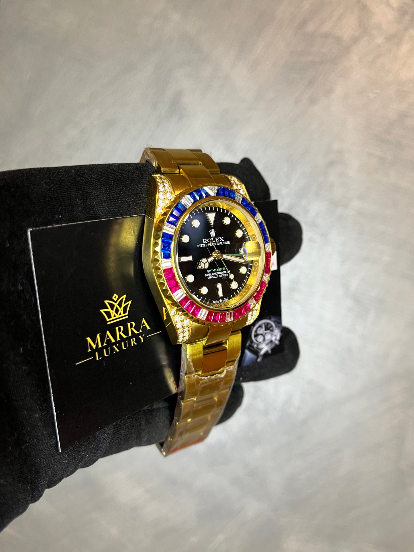 ROLEX GMT MASTER ORO GIALLO GHIERA CON BRILLANTINI BLU E ROSSI