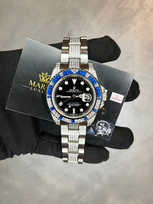 ROLEX GMT MASTER CINTURINO INTERAMENTE CON BRILLANTINI GHIERA CON BRILLANTINI BLU E BIANCHI