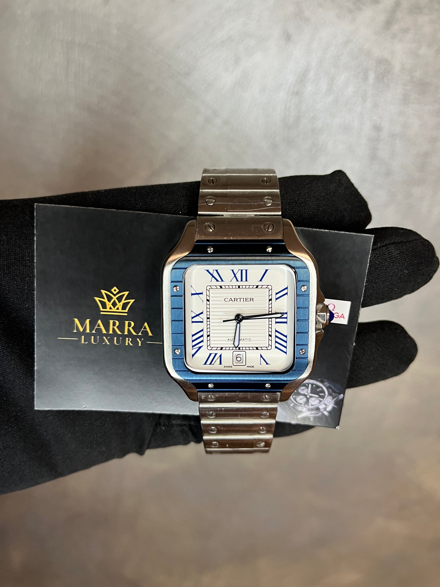 CARTIER SANTOS 40 MM DATA ACCIAIO QUADRANTE BIANCO E GHIERA BLU