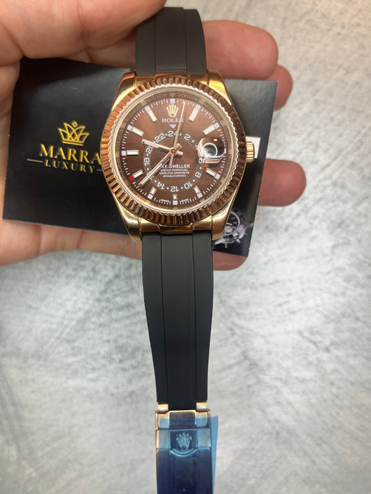 ROLEX SKYDWELLER CASSA ORO ROSA QUADRANTE CHOCOLAT CINTURINO OYSTERFLEX