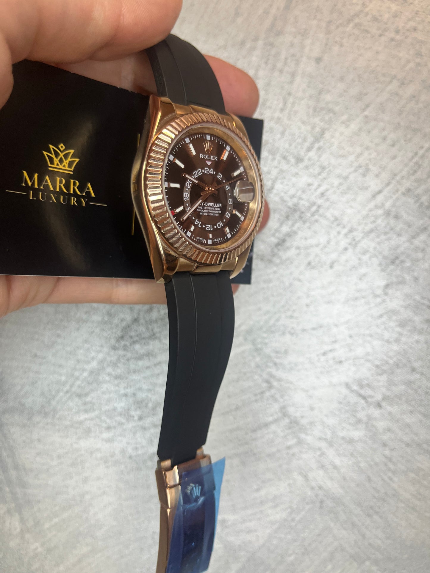 ROLEX SKYDWELLER CASSA ORO ROSA QUADRANTE CHOCOLAT CINTURINO OYSTERFLEX