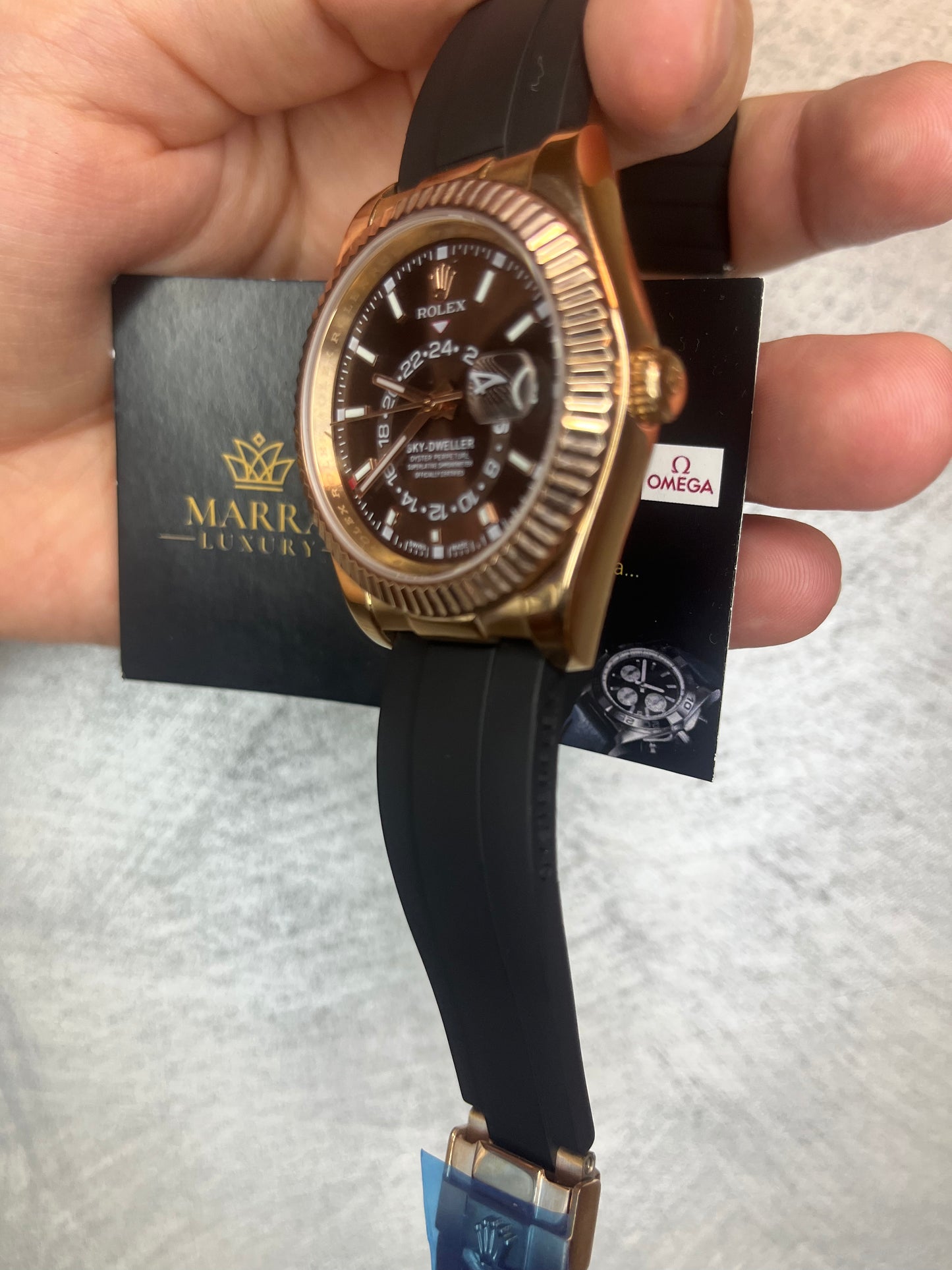 ROLEX SKYDWELLER CASSA ORO ROSA QUADRANTE CHOCOLAT CINTURINO OYSTERFLEX