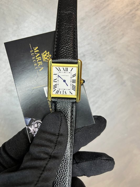 CARTIER TANK MUST ORO GIALLO CINTURINO IN PELLE NERO