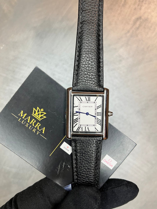 CARTIER TANK MUST CASSA ACCIAIO QUADRANTE BIANCO CINTURINO IN PELLE NERO