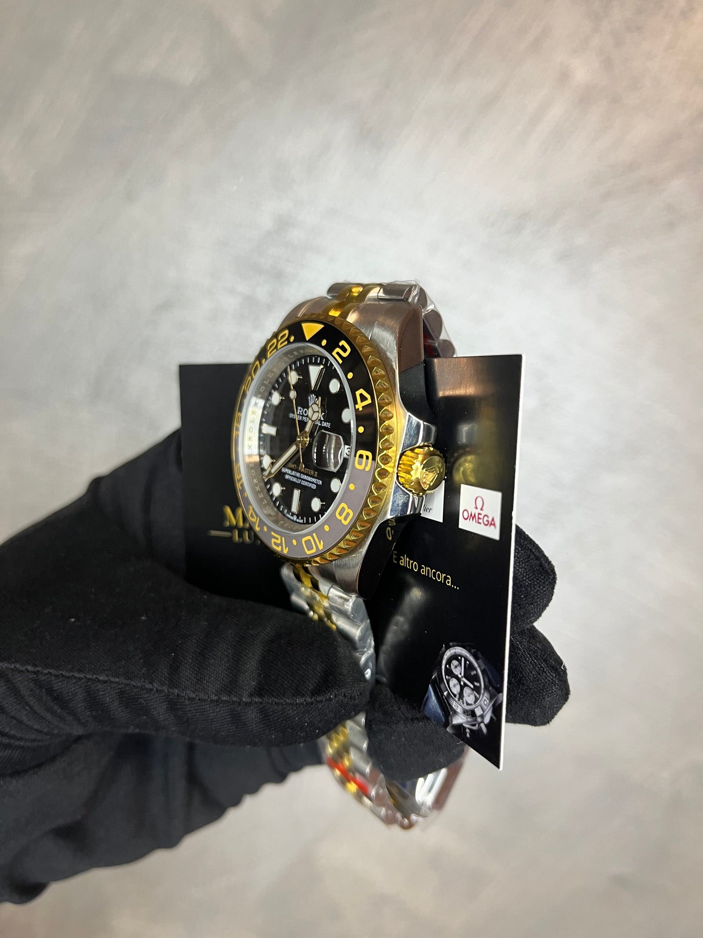 ROLEX GMT MASTER ZOMBIE GHIERA GRIGIA E NERA CON NUMERI IN ORO BRACCIALE JUBILEE ORO E ACCIAIO