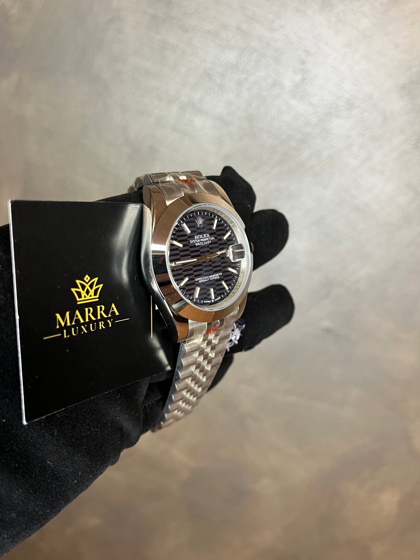 ROLEX DATE JUST MOTIF JUBILEE QUADRANTE BLU