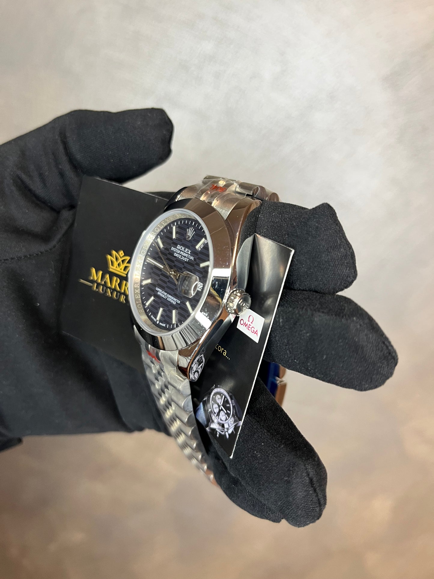 ROLEX DATE JUST MOTIF JUBILEE QUADRANTE BLU