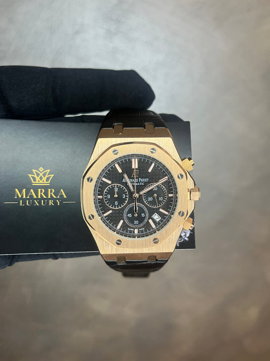AUDEMARS PIGUET ROYAL OAK CHRONO CASSA ORO CON QUADRANTE NERO ,CINTURINO IN PELLE