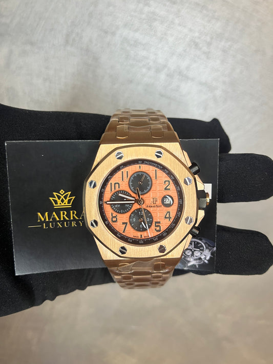 AUDEMARS PIGUET ROYAL OAK OFFSHORE CHRONO CASSA E BRACCIALE ORO QUADRANTE ARANCIONE
