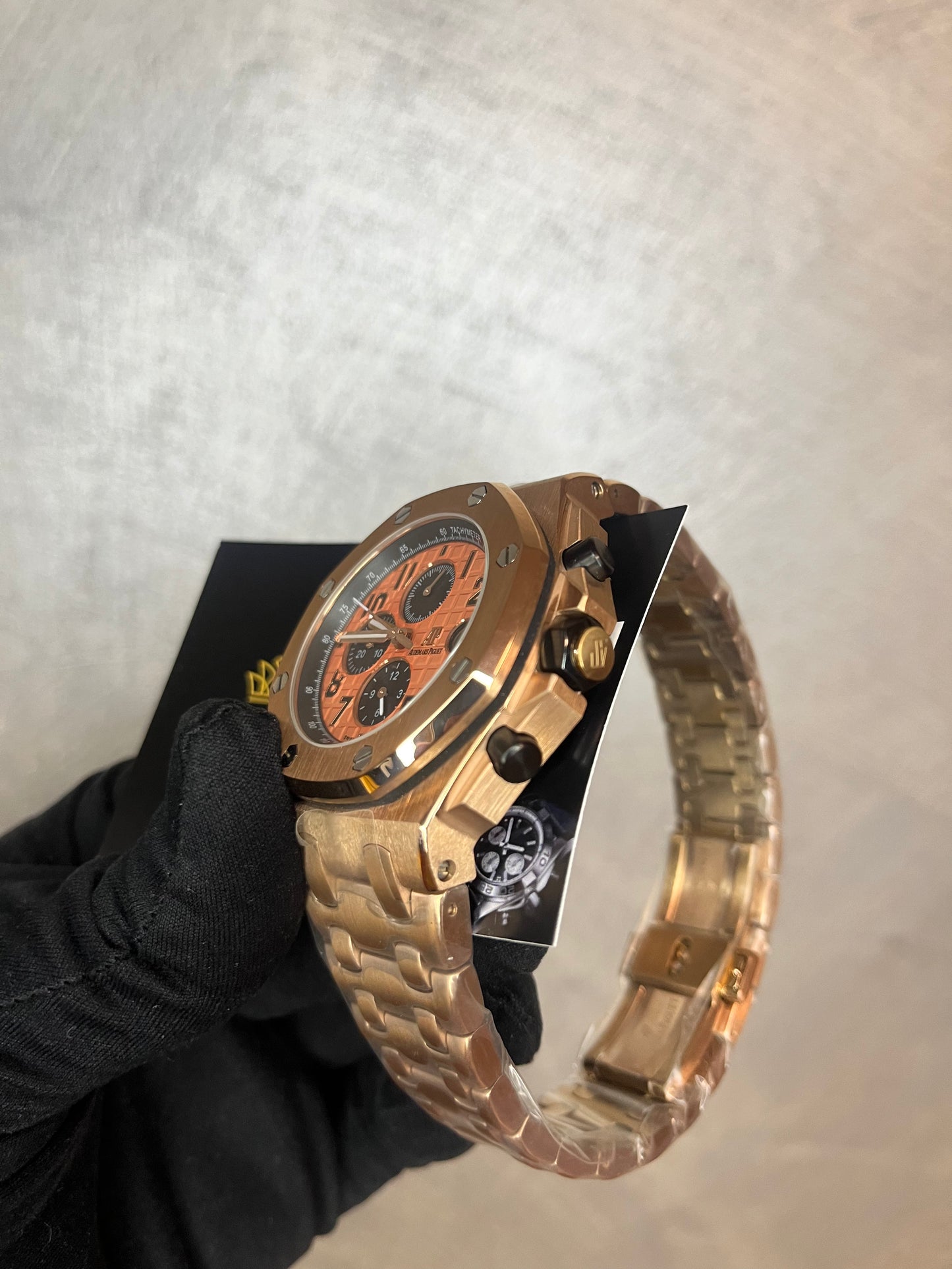 AUDEMARS PIGUET ROYAL OAK OFFSHORE CHRONO CASSA E BRACCIALE ORO QUADRANTE ARANCIONE