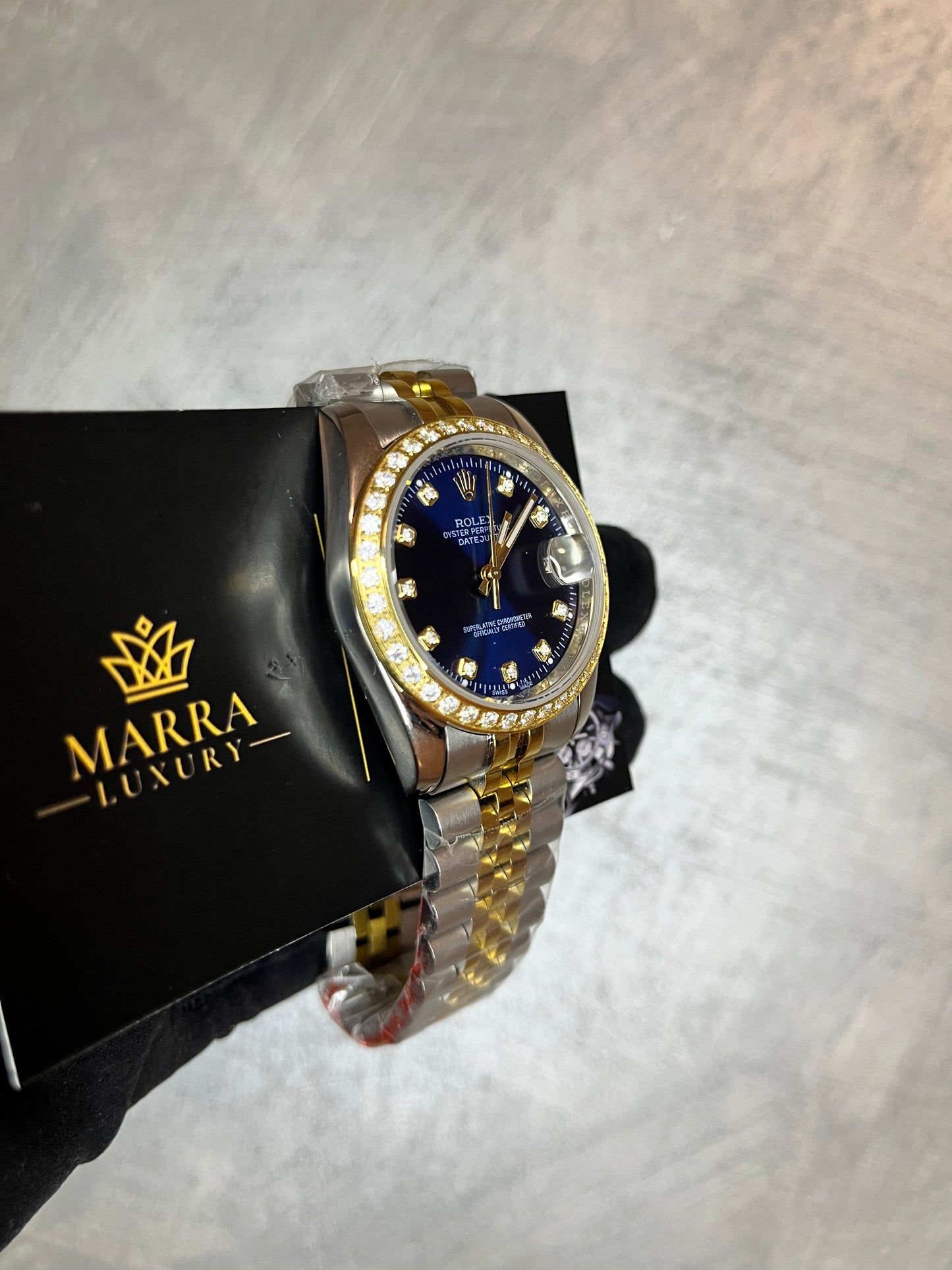 ROLEX DATE JUST JUBILEE BLU ORO E ACCIAIO GHIERA E INDICI CON BRILLANTINI