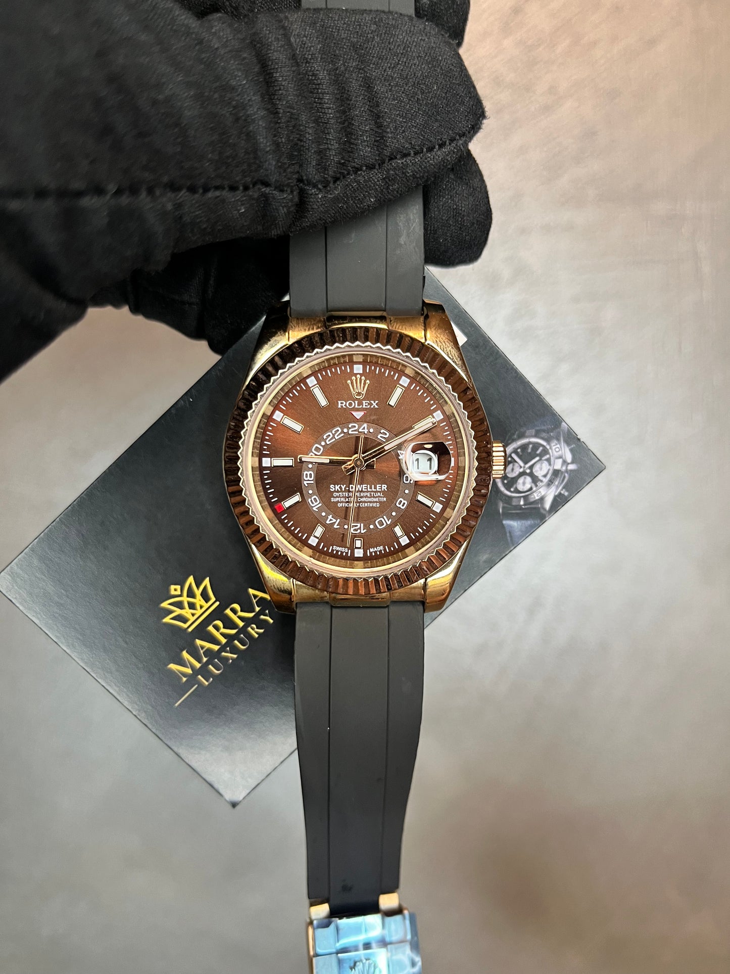 ROLEX SKYDWELLER CASSA ORO ROSA QUADRANTE CHOCOLAT CINTURINO OYSTERFLEX