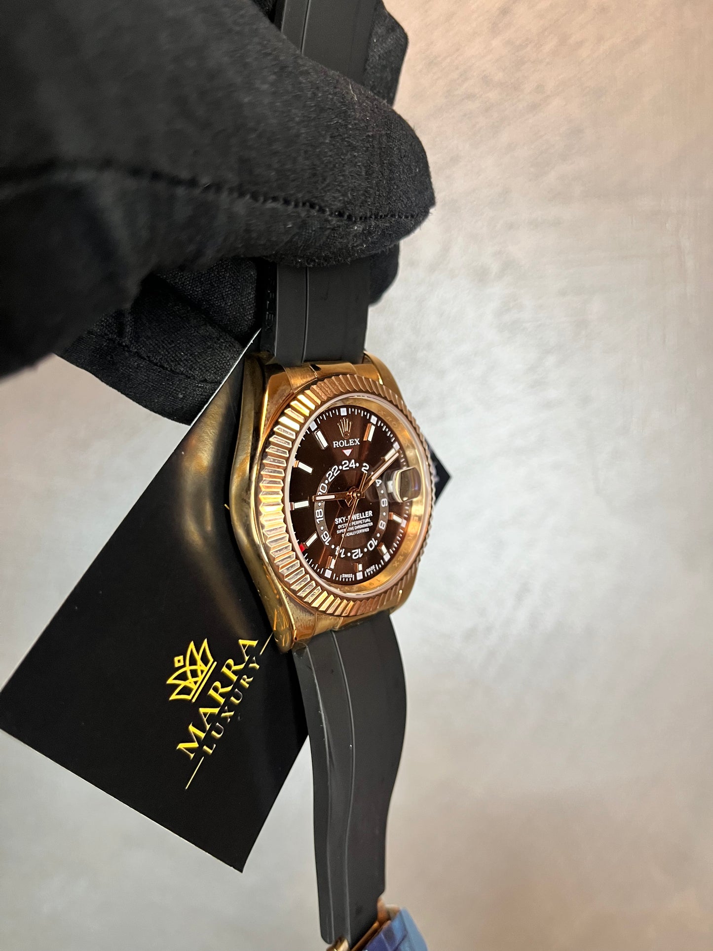 ROLEX SKYDWELLER CASSA ORO ROSA QUADRANTE CHOCOLAT CINTURINO OYSTERFLEX