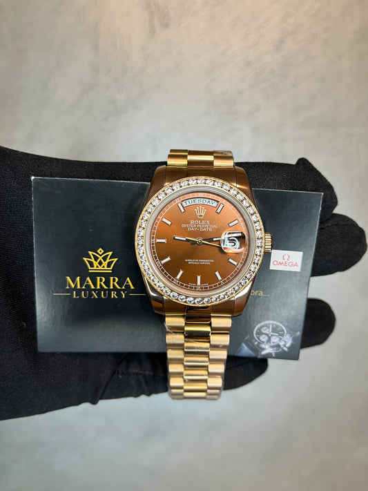 ROLEX DAYDATE PRESIDENT ORO ROSA QUADRANTE CHOCOLAT GHIERA CON BRILLANTINI