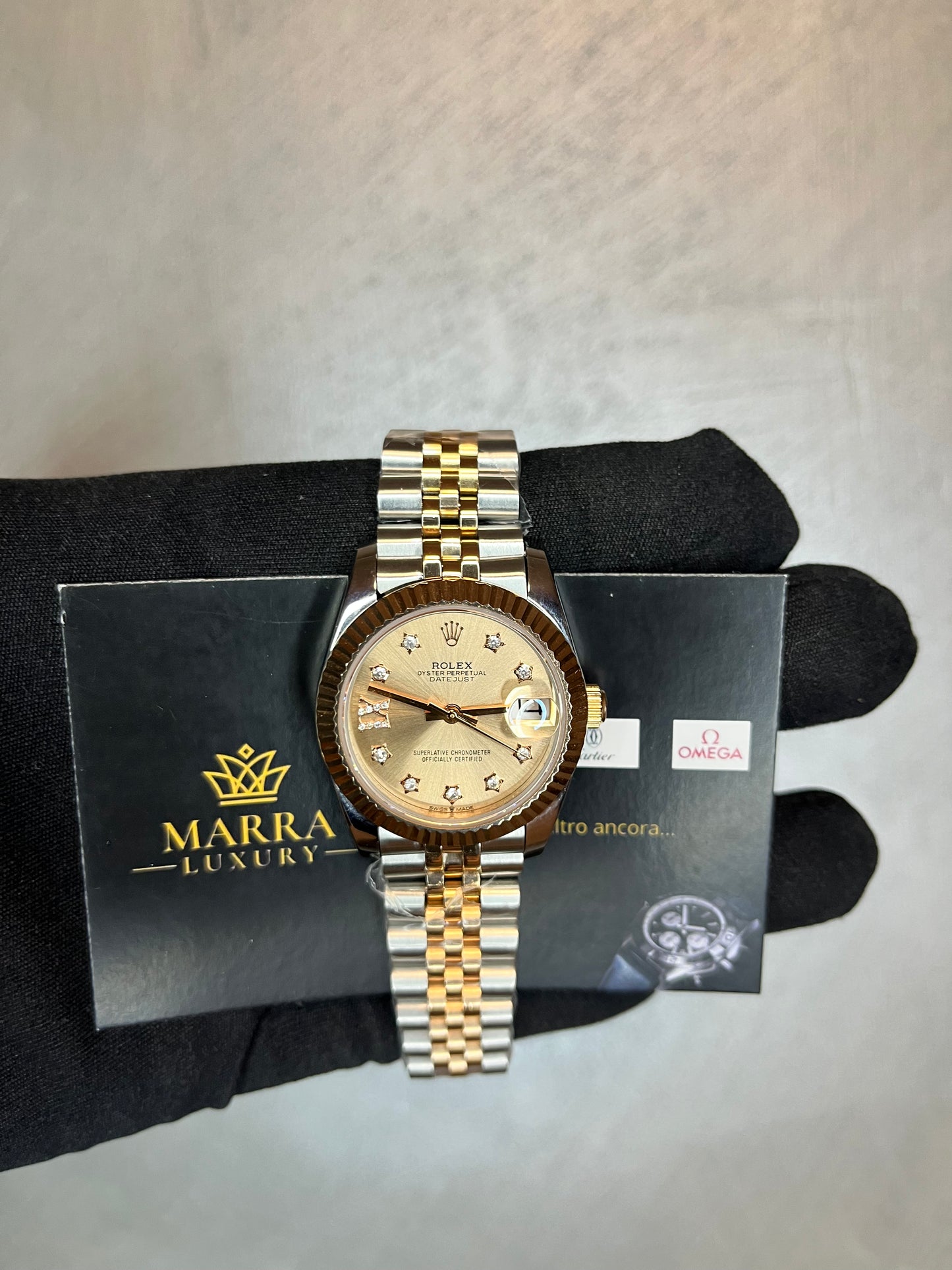 ROLEX DATEJUST LADY 31 MM ORO E ACCIAO QUADRANTE SALMONE, DETTAGLI STELLE BRILLANTINI