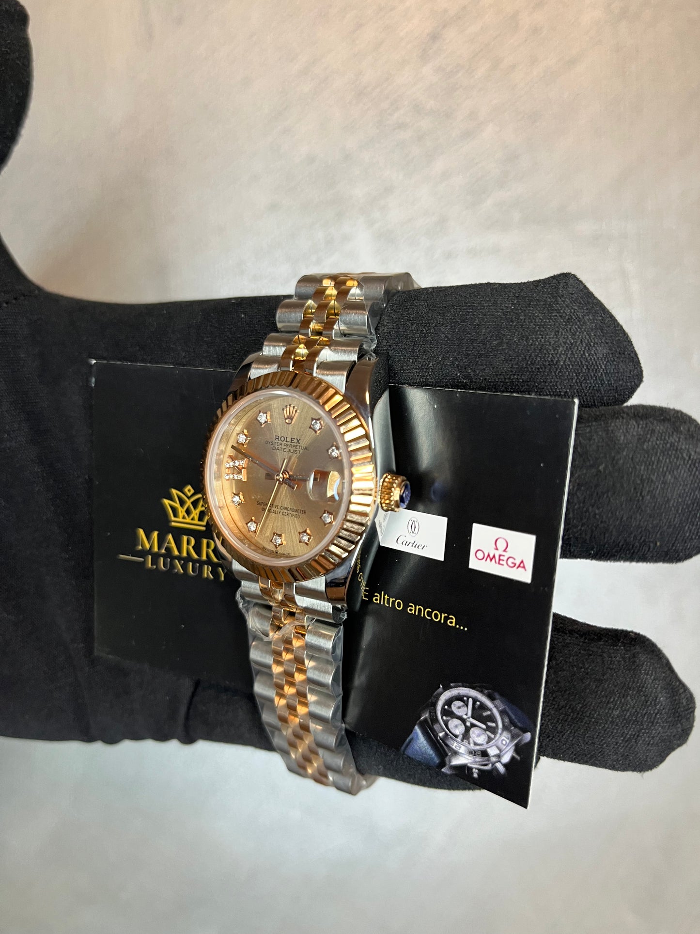 ROLEX DATEJUST LADY 31 MM ORO E ACCIAO QUADRANTE SALMONE, DETTAGLI STELLE BRILLANTINI