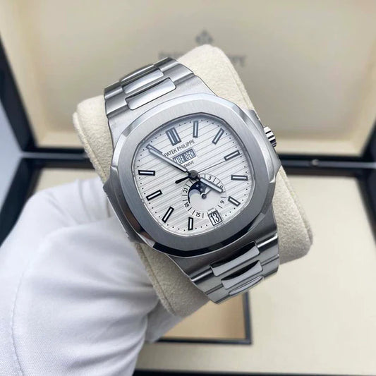 Patek Philippe Moonphase Date Acciaio Quadrante Bianco