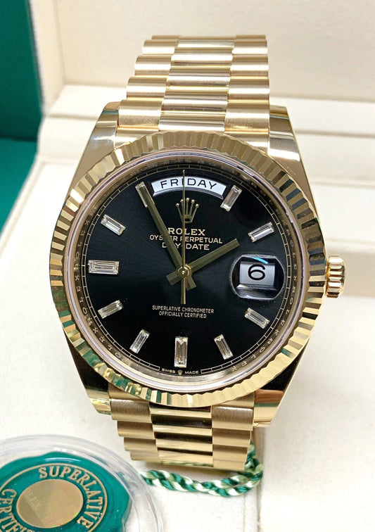 Rolex Daydate 41 President Oro Quadrante Nero Diamanti