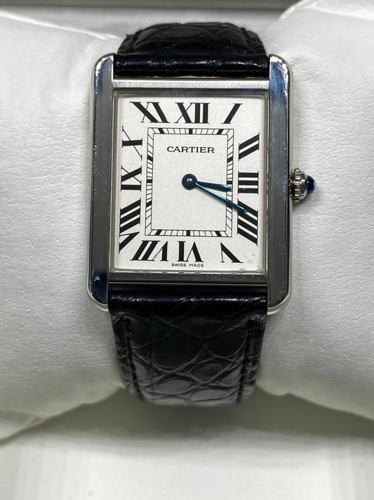 Cartier Tank Acciaio Quadrante Bianco Bracciale in Pelle